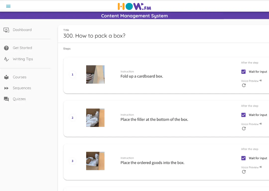 A screenshot of content management system showing work instructions written in Simplified Technical English. 